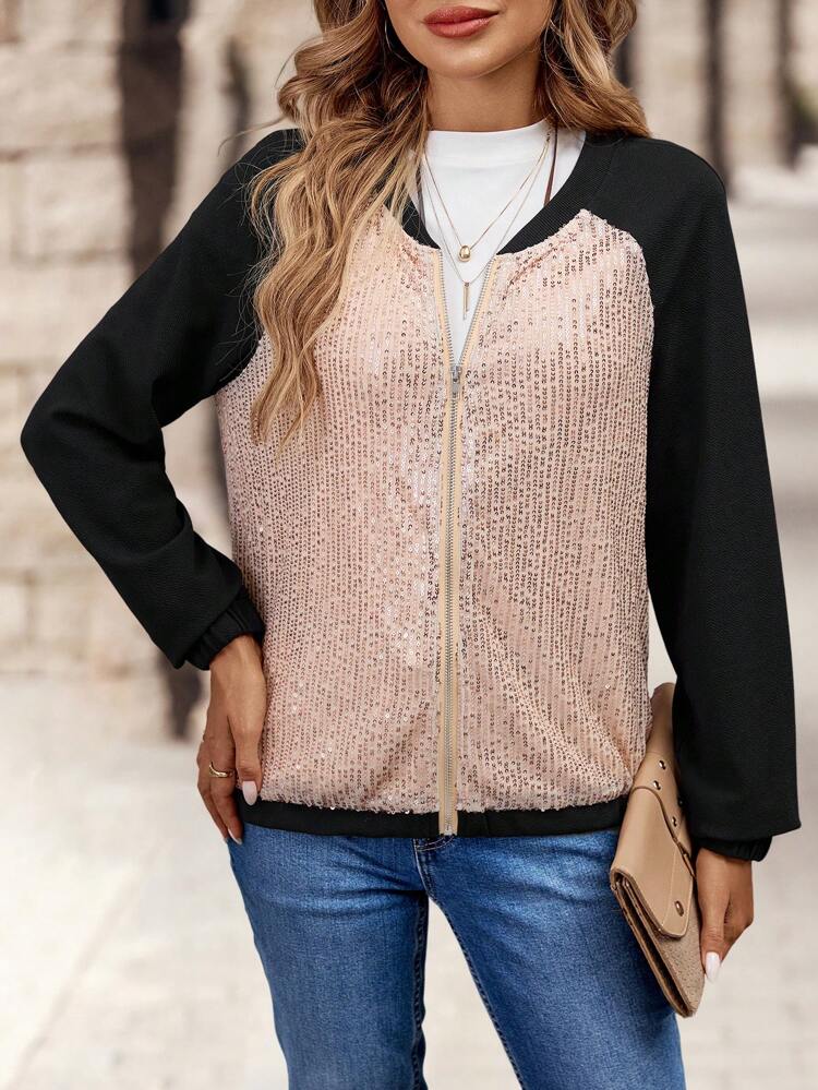 Women's Color Block Sequined Raglan Sleeve Casual Baseball Jacket, Spring Autumn