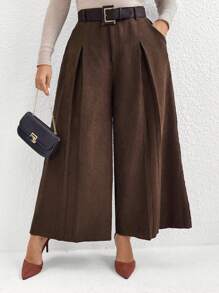 Calvaya Plus Size High Waist Wide Leg Solid Color Suit Pants Winter Fall Autumn - Chocolate Brown - View 4