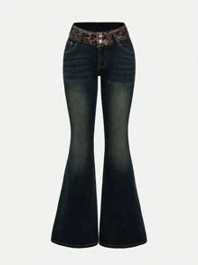ROMWE Grunge Punk Quần Jeans Ống Loe Đính Đá Đính Hạt Họa Tiết Da Báo Cổ Điển Y2K Sexy Cho Nữ - Màu xanh lam - Xem 2