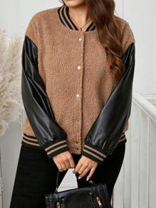 SHEIN LUNE Plus Size Women's Fashion Autumn/Winter Contrast Color Design Drop Shoulder Long Sleeve Casual Loose Baseball Jacket Warm And Comfortable Halloween Thanksgiving Outfit,Stylish Everyday Wear,Essentials,Super Warm And Soft!Casual Everyday Wear Teddy Velvet Striped Design Long Sleeve Contrast Color Baseball Collar Jacket Holiday Outfit