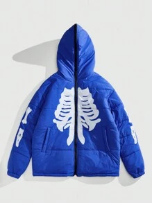 ROMWE MEN Street Life Men's Skeleton Print Long Sleeve Casual Loose Hooded Padded Coat, Winter, Halloween - Blue - View 1