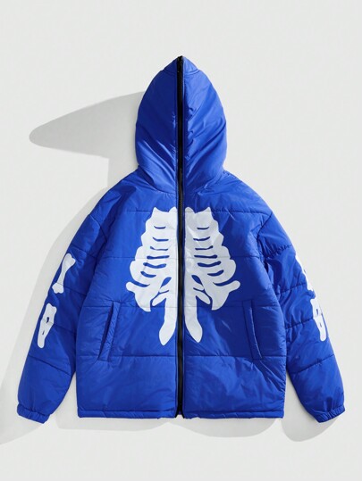 Street Life Men's Skeleton Print Long Sleeve Casual Loose Hooded Padded Coat, Winter, Halloween