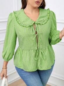 SHEIN Essnce Bluzka damska w kratkę gingham w dużych rozmiarach, z bufiastymi rękawami i kokardą z przodu