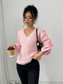 SHEIN Unity Women's Casual V-Neck Loose Drop Shoulder Long Sleeve Sweater, Autumn/Winter, Knit Pullover Fall - Pink - View 7
