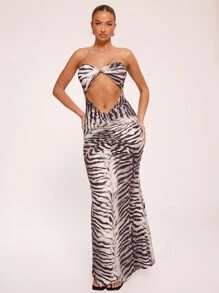 MUSERA Cut Out Bandeau Ruched Maxi Dress Vacation Spring Summer Animal Ibiza Outfit Holiday Club Outfit Western Country Concert Rave Concert Beach Night Out Wedding Guest Elegant Date Night Fall Winter - Multicolor - View 4