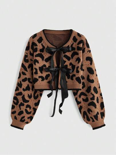 Kawaii Autumn Fashion Y2K Leopard Print Bow Tie Cardigan,Long Sleeve Tops