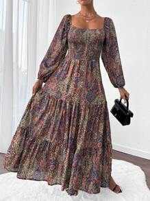 RueChic All Over Printed Texture Fabric, Boho Style, Balloon Sleeve Maxi Dress - Multicolor - View 5