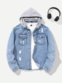 Áo khoác denim cho bé trai tuổi teen thời trang thường ngày mới, áo hoodie rách có thể tháo rời, áo khoác denim đã giặt - Rửa tối - Xem 1
