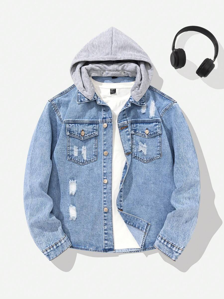 Áo khoác denim cho bé trai tuổi teen thời trang thường ngày mới, áo hoodie rách có thể tháo rời, áo khoác denim đã giặt - Rửa tối - Xem 1