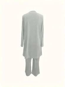 Plus Size Women's Solid Color Mock 2 Pieces Long Sleeve Outfit - Light Grey - View 2