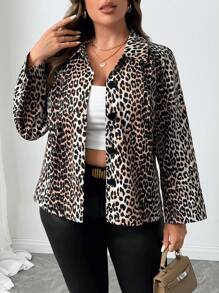 Franclia Chaqueta casual de manga larga con un solo pecho y estampado de leopardo para mujeres de talla grande, primavera y otoño