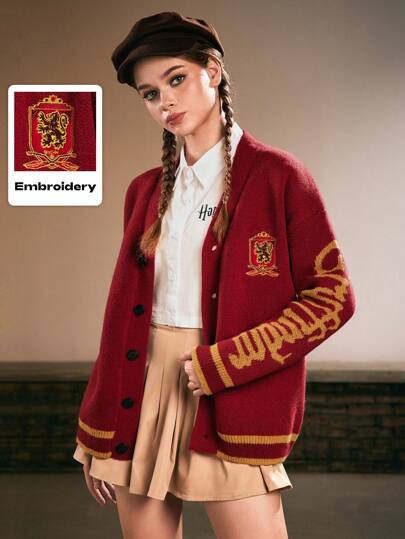 Harry Potter | ROMWE Cardigan oversize smanicato morbido con logo ricamato della Casa Grifondoro per donne