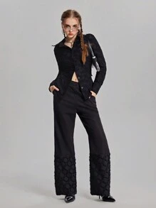 SHEIN 少女纯色前扣长袖休闲衬衫 - 黑色 - 查看 6