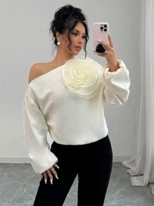 Chiquease 女式长袖纯色不对称领花卉贴花褶皱设计衬衫单肩上衣