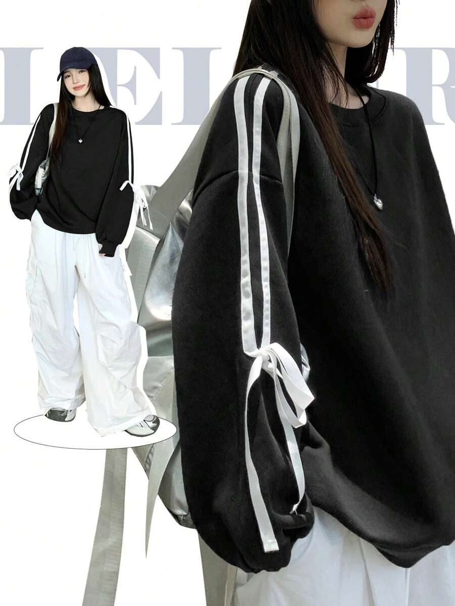 DAZY Women's Casual Round Neck Drop Shoulder Long Sleeve Loose Hoodie With Bowknot , Fall/Winter,Long Sleeve Tops Sweatshirt