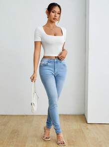SHEIN PETITE 3pcs/Set Women Summer Casual Square Neck Short Sleeve Slim Fit T-Shirts, Simple Black White Grey Design