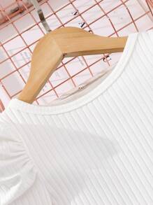 SHEIN 2 件套 Tween 女童纯色圆领羊腿袖 T 恤和阔腿裤休闲装，春/秋