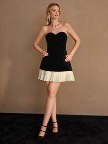 MOTF STUDIO VELVET CONTRAST PLEATED HEM BUSTIER TUBE SHORT DRESS, NEW YEAR OUTFIT - Multicolor - View 2