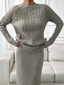 EURMUSE Cable Pattern Sweater And Straight Midi Skirt Set Elegant Simple - Apricot - View 5