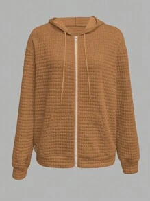 SHEIN LUNE 大码纯色前拉链长袖极简连帽卫衣（秋季款） - 棕色 - 查看 1