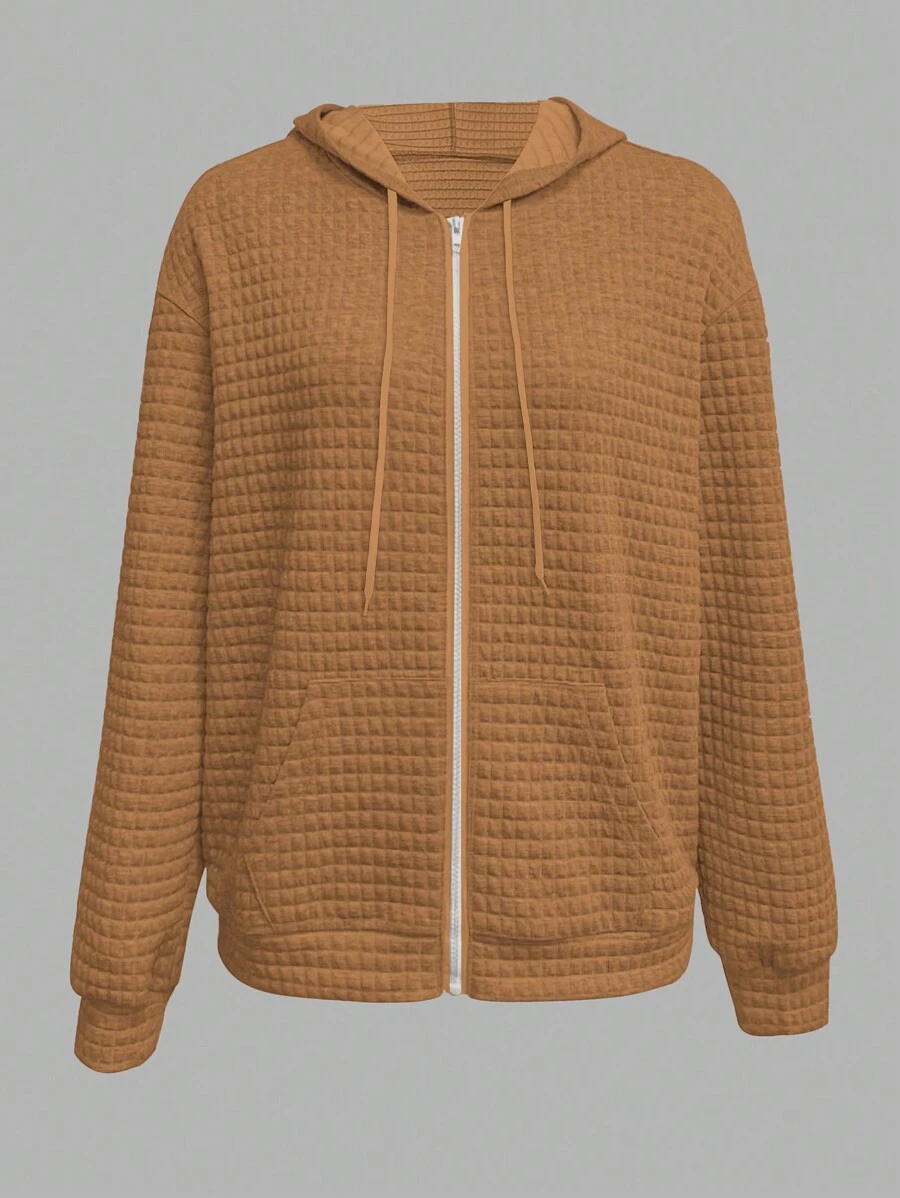 SHEIN LUNE 大码纯色前拉链长袖极简连帽卫衣（秋季款） - 棕色 - 查看 1