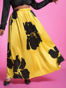 Slaydiva Plus Size Women Elastic Waist Floral Print Elegant A-Line Skirt