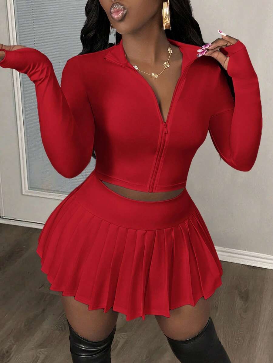 Slaydiva Bộ đồ tennis nữ 2 món phong cách đường phố thường ngày, gồm áo ngắn tay màu trắng có khóa kéo cổ chữ V và chân váy xếp ly ngắn.