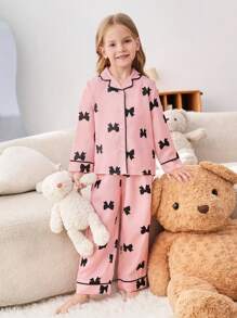 SHEIN Leap Crew 2 件装少女蝴蝶装饰翻领长袖衬衫和直腿休闲裤睡衣套装