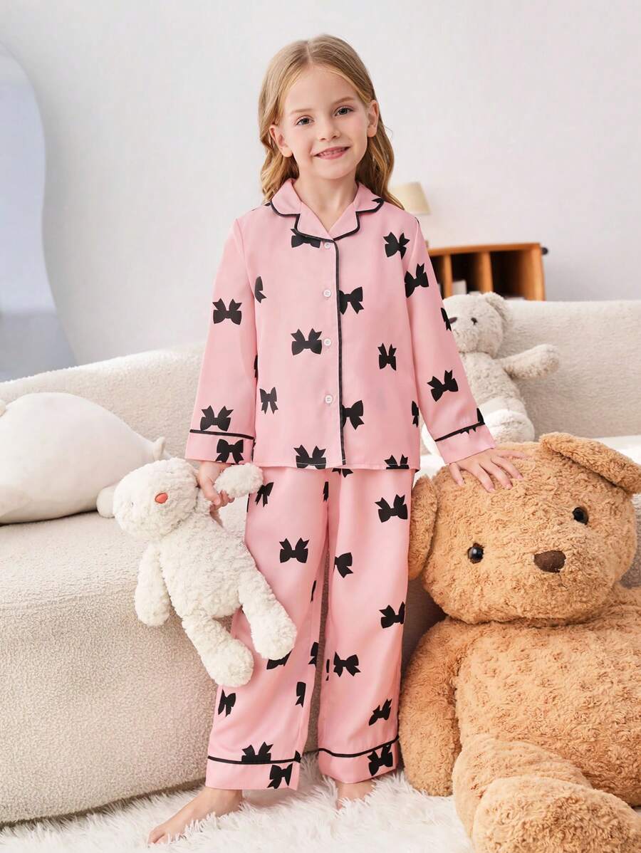 SHEIN Leap Crew 2 件装少女蝴蝶装饰翻领长袖衬衫和直腿休闲裤睡衣套装