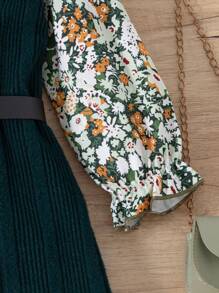 SHEIN Elladie kids 2pcs Young Girl Ditsy Floral Long Sleeve Top And Ruffle Solid Color Round Neck Dress Cute Outfit, Spring & Autumn - Multicolor - View 3