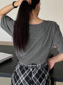 DAZY 女士纯色圆领短袖休闲 T 恤，夏季 - 深灰色 - 查看 7