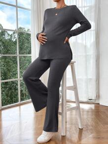 SHEIN 2pcs Maternity Solid Color Crew Neck Long Sleeve Blouse And Flare Leg Pants Set - Grey - View 5