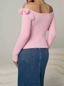 Chiquease 女士露肩印花针织套头毛衣，秋冬款 - 粉色 - 查看 2