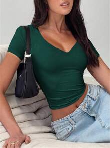 Eve Solid Color Slim Fit Sexy Waisted Y2K T-Shirt, Summer - Màu xanh lá cây đậm - Xem 8