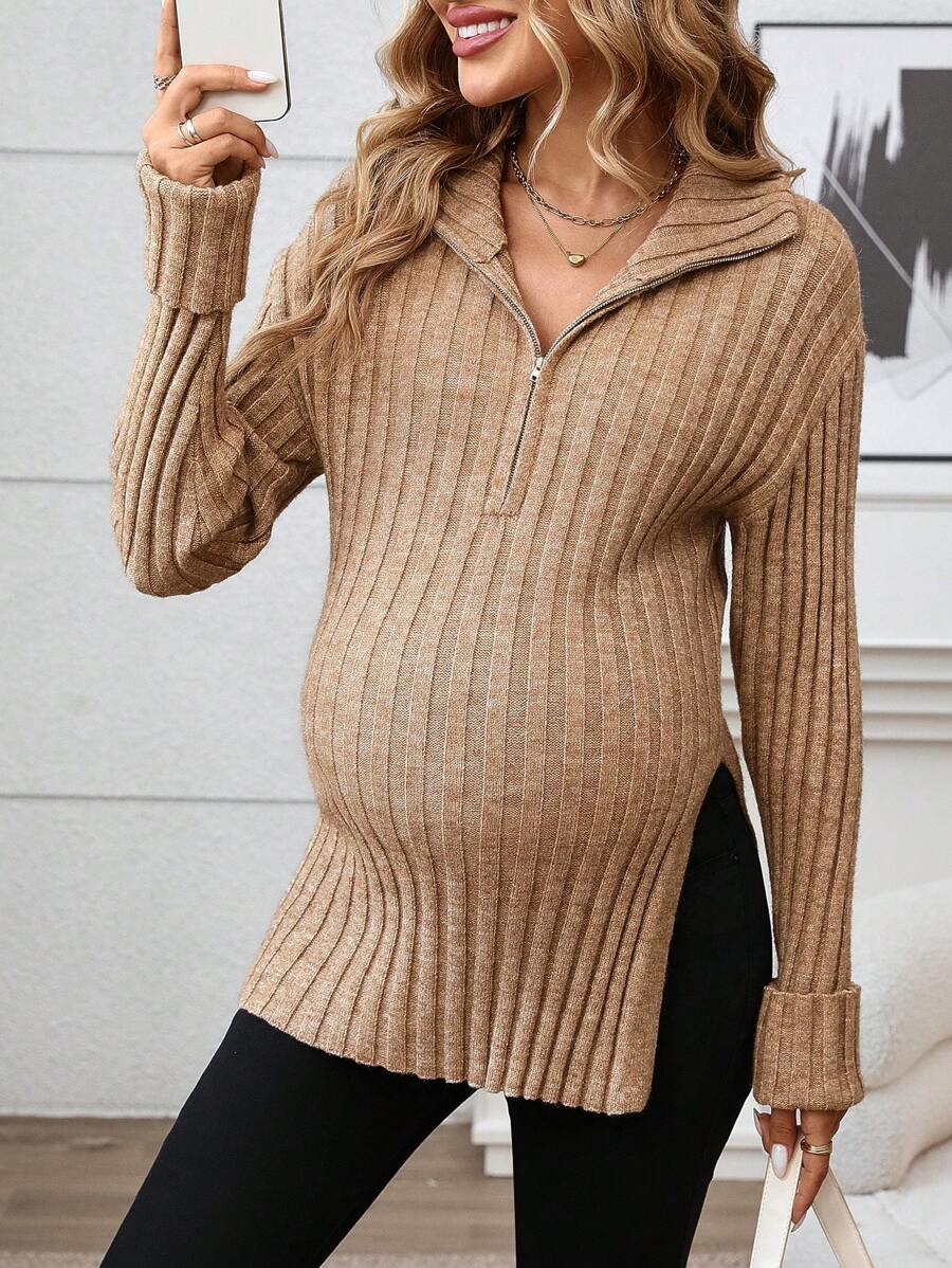 SHEIN Maternity Casual Zip-Up Ribbed Knitted Long Cardigan, Autumn/Winter - Camel - View 1