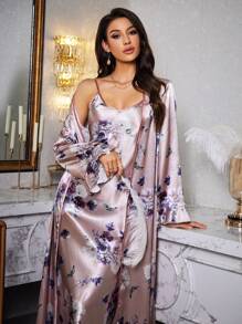 LuxeNights 2pcs/Set Floral Print Faux Silk Spaghetti Strap Sleep Dress & Belted Robe Pajama Set, Fall Winter Clothes - Multicolor - View 6