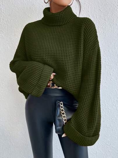 SoleilVie Turtleneck Solid Color Casual Long Sleeve Sweater, Knit Pullover Fall Winter