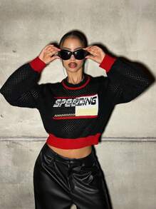 SHEIN ICON Áo len croptop họa tiết xe đua màu sắc vừa vặn dành cho nữ - màu đen - Xem 3