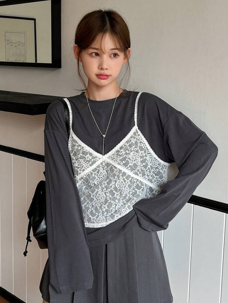 Women's Lace Patchwork 2 In 1 Winter T-Shirt Sheer,Fall Clothes