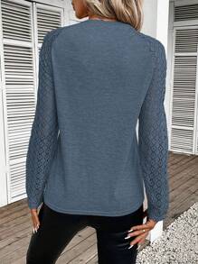 SHEIN Frenchy 撞色蕾丝插肩袖接缝细节圆领 T 恤 - 藏蓝色 - 查看 2