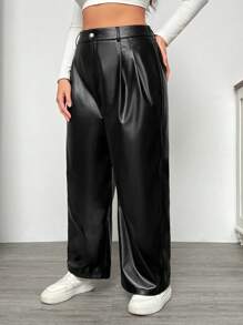 SHEIN EZwear Pantalones rectos sueltos de unicolor informal de talla grande, otoño - Negro - Ver 6