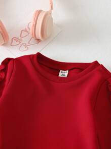 SHEIN 2pcs Baby Girl Solid Color Ruffle Trim Long Sleeve Sweatshirt And Pants Set, Fall/Winter - Red - View 5