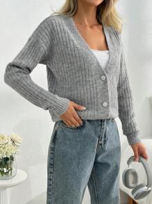 SHEIN Cottnline Women Solid Color Rib Knit Hairy Yarn Front Button Cardigan - Light Grey - View 2