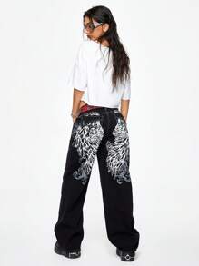 ROMWE Grunge Punk Women's Halloween Cross & Vine Wing Print Wide Leg Boy Friend Jeans