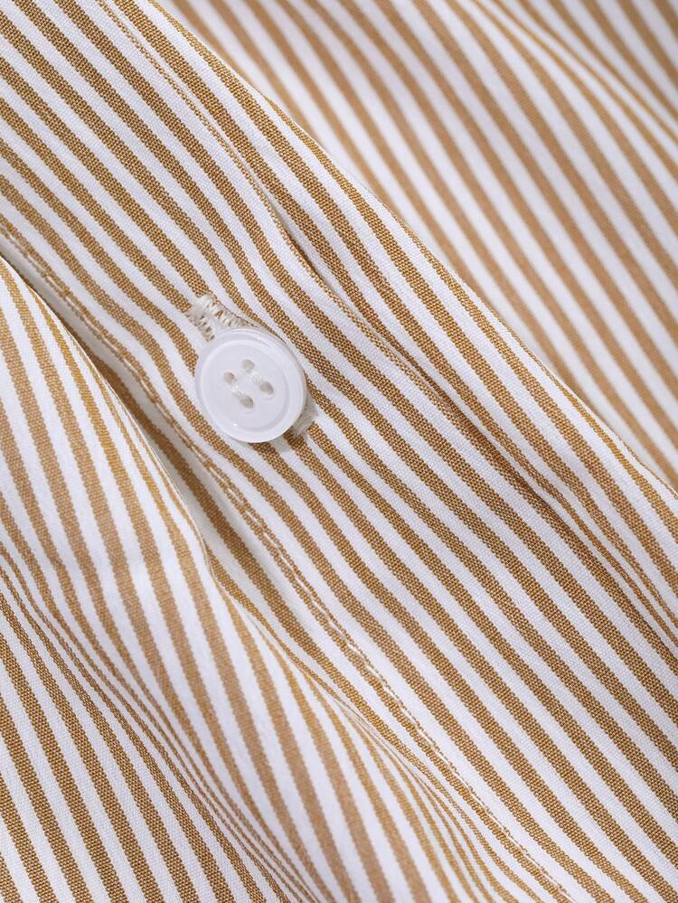 Striped Puff Sleeve Lapel Collar Button Down Long Sleeve Shirt For Women,Ruffle,Fall Clothes