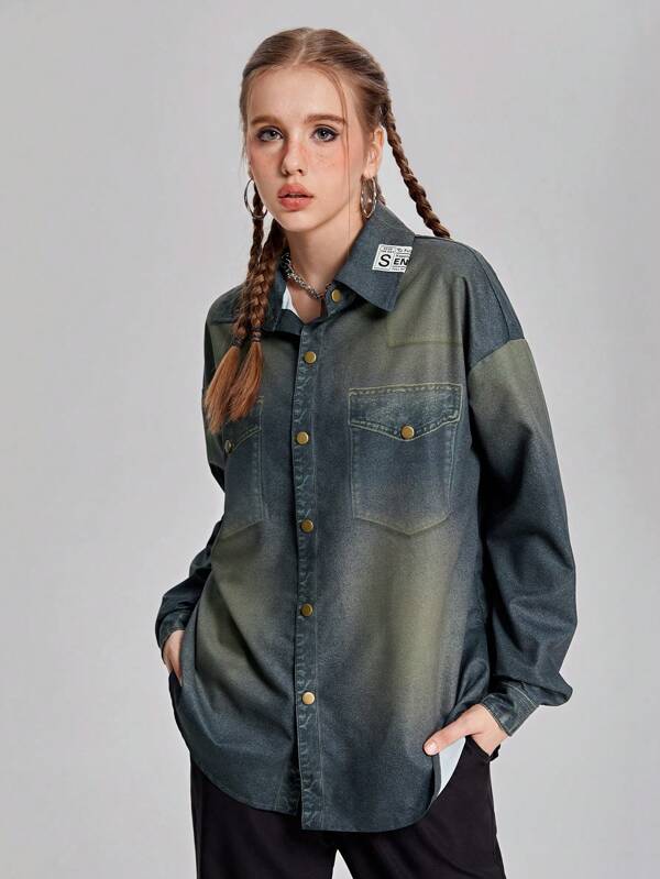 SHEIN 1 buc. Sachetă vintage din denim învechit pentru fete adolescente, bluză oversize casual cu guler