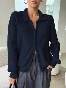 DAZY Women Plain Zip-Up Long Sleeve Casual Blouse,Fall Clothes Jacket - Navy Blue - View 5