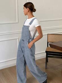 Livesso Distressed Wash Adjustable Strap Loose Denim Bib Overalls For Women