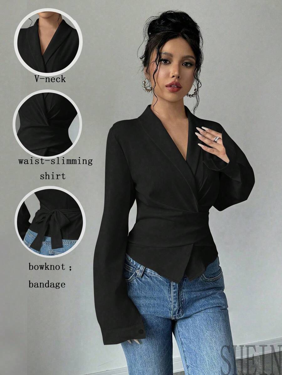 Selianne 女式优雅纯色翻领长袖修身衬衫，春季和秋季