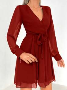 Cloudara Women's Long Sleeve Wrap Design Mesh Dress - Red - View 5